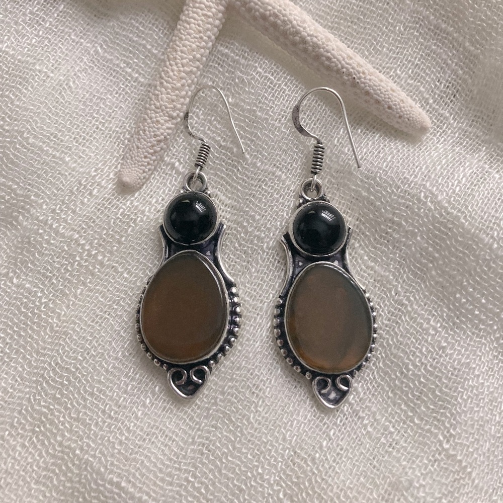 NEW Montana Agate & Black Onyx, 925 Silver, Handmade, Drop Dangle Earrings